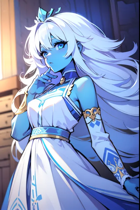blue skin, goddess, long fluffy white hair, tiara, white dress