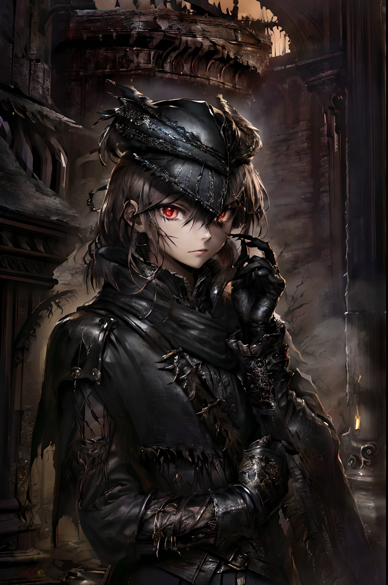 (highly detailed:1.3), 1girl, solo, smug, (red eyes:1.3), (glowing eyes:1.2), elegant, mesmerizing, edgBB,gown, black gloves, belt, coat, torn clothes, capelet, gauntlets, arms at sides, vambraces, black capelet, tricorn,hat, hunter (bloodborne), woman wearing edgBB_outfit,Ultra-detail, (highres:1.1), best quality, (masterpiece:1.3), cinematic lighting, (highly detailed face and eyes:1.1), BREAK (Merge colors together in a dynamic fusion, with overlapping layers, blending techniques, and spontaneous gestures that create a visually rich and harmoniously chaotic composition:1.3)