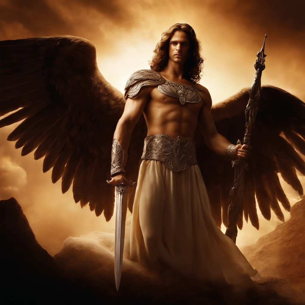 an image of an angel with a sword standing in hell, Anjo no inferno, arcanjo, angels vs demons, angel watching demon, angels and demons, anjo protegendo o homem, Arcanjo Miguel, O Anjo da Morte, Battle between angels and demons, anjo super largo, epic angel wings, angels protecting a praying man, necessidade humana anjo da morte. ((imagem epica)), ((alta qualidade))