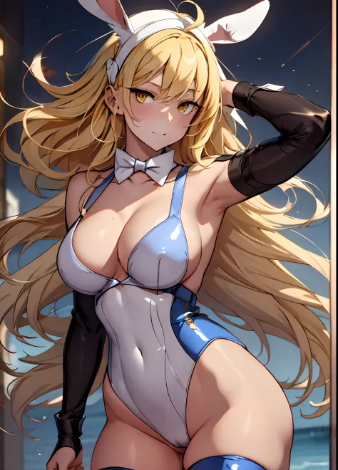 ais, 1girl, solo, blonde hair, long hair, straight hair, yellow eyes, sunny, standing, bunny outfit, playboy bunny, sexy armpits