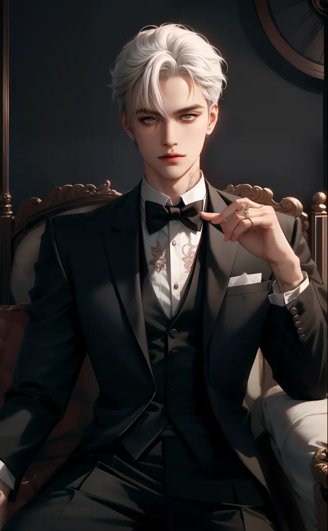 Create a masterful and highly-detailed portrait of a young man who is the epitome of sophistication. This young man should be the focal point of the artwork, with striking features like white hair, piercing yellow eyes, and intricate tattoos on his neck an...