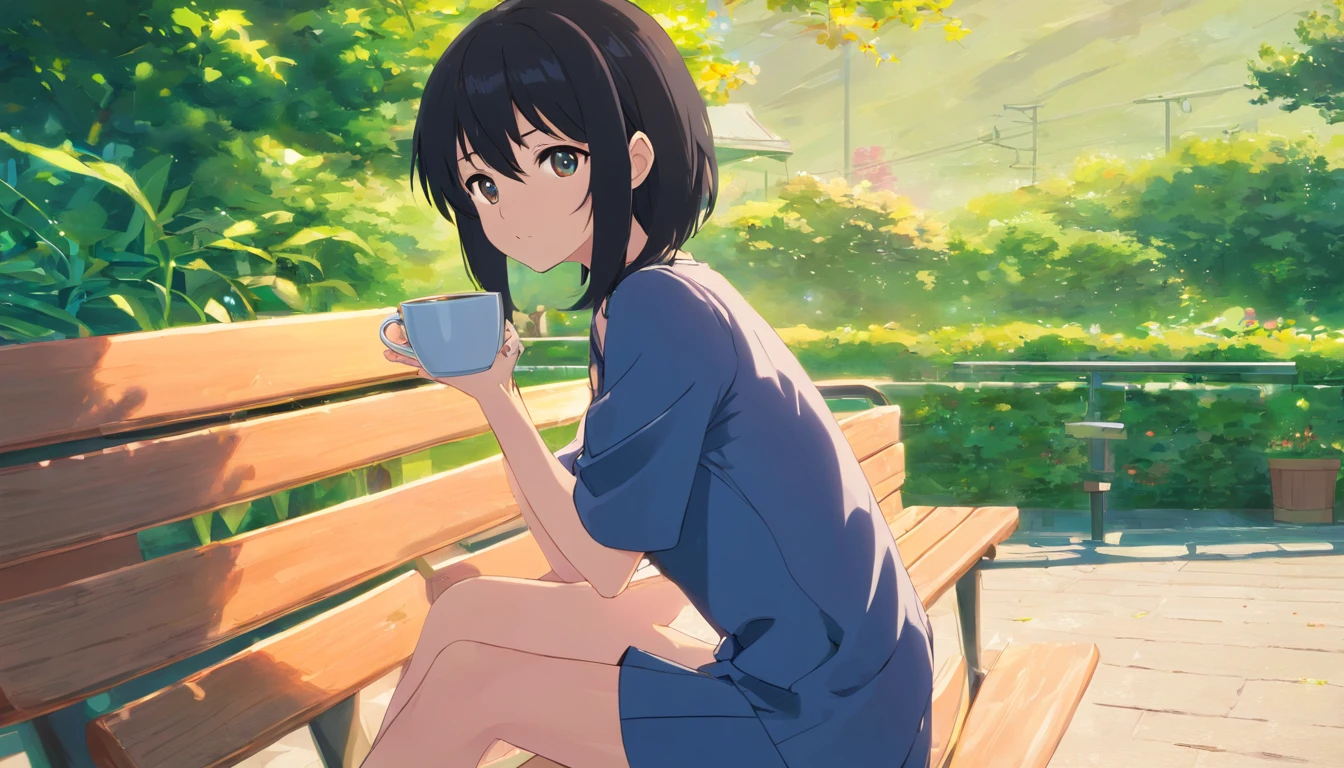 Black hair, completely naked, anime girl sitting on a bench with a cup of coffee, cute anime girl, anime style illustration, soda themed girl, anime girl, young anime girl, beautiful anime girl, anime style 4 k, digital anime illustration, anime visual of a cute girl,