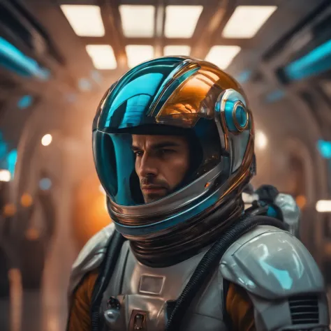 um homem com um capacete futurista e um fundo espacial, estilo ludico, pintura digital, imagem colorida
