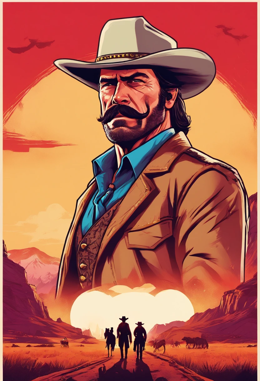 Illustrationsstil von Red Dead Redemption 2，Sheriff Curtis Malloy，Tragen Sie einen Nevada-Hut,Khakifarbener Mantel，Blaue Weste und weißes Hemd,Nichts außer einem Schnurrbart,rasiertes Gesicht,Sheriff-Abzeichen, Meisterwerk, Kunstwerk, Schlüsselkunst. HD, Sheriff-Mantel