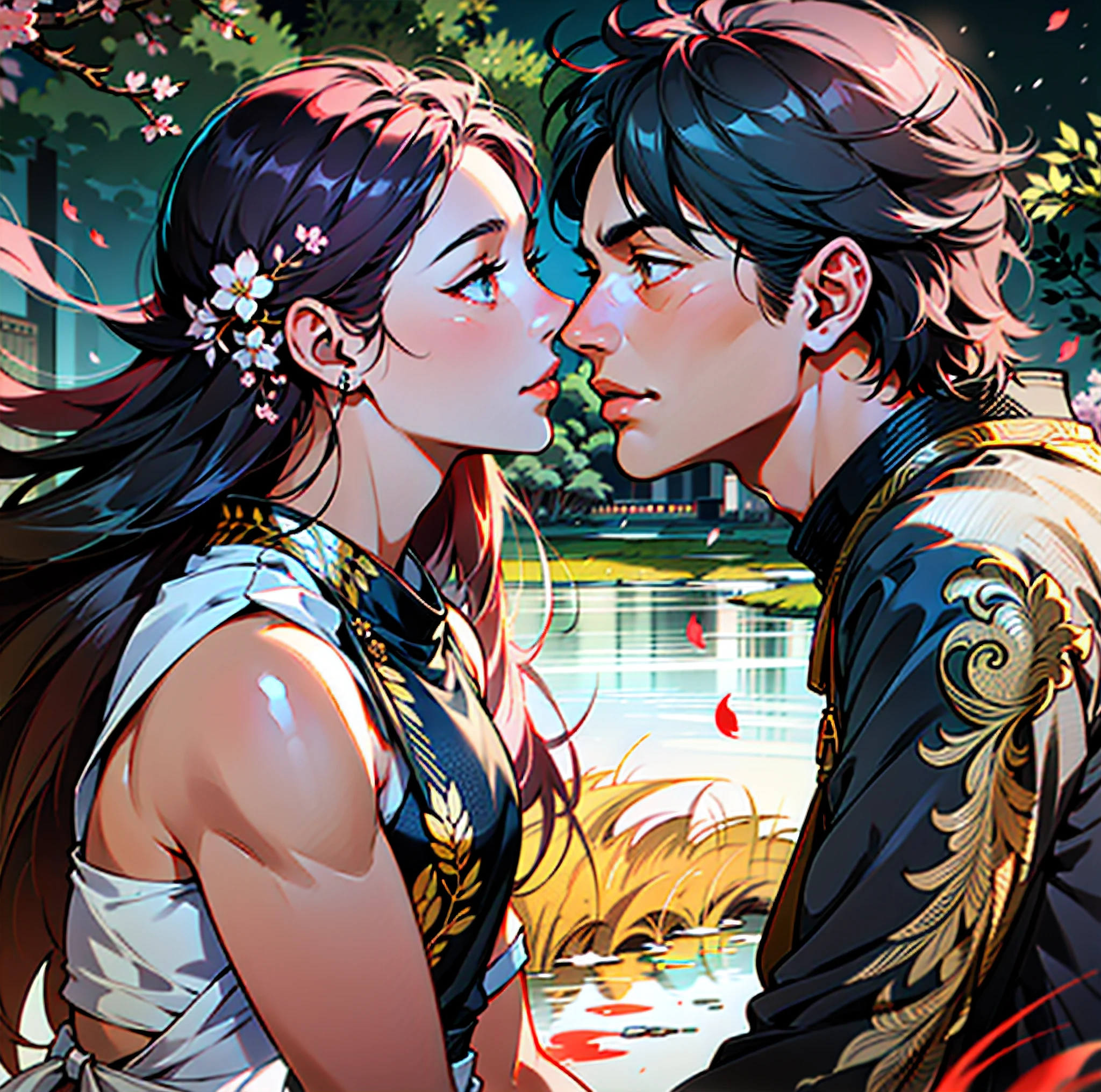 ((1 boy and 1 girl)) ((Best Quality, Masterpiece, Best Contrast, Balanced Lighting, Breathtaking Scenery, Full HD)), sakura leaves floating in the dark lake, bright sky, twilight sky, Indian city on the horizon, a boy and a girl near the lake. Best work of late, advanced sharpening, artwork, cherry trees all around.