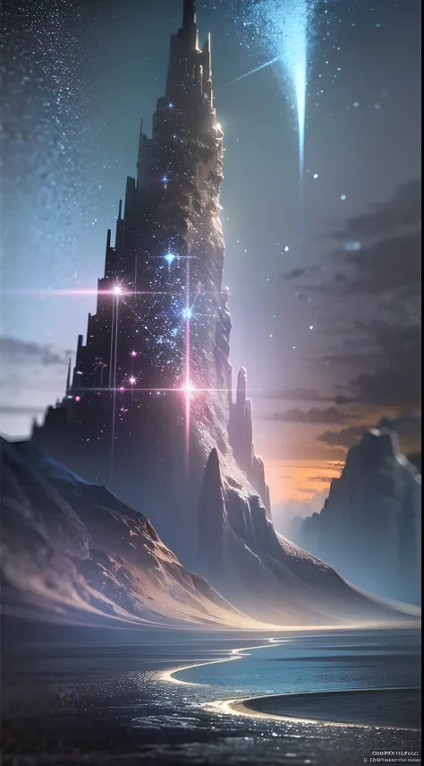 Starry sky with mountains and lakes，Icy world，Jessica Rosier，inspired by jessica rossier，jessica rossier fantasy art，Concept art magic highlights，official art works，Dream painting，Ethereal realm，atmospheric art works，dreamy matte painting，Inspired by Ted N...
