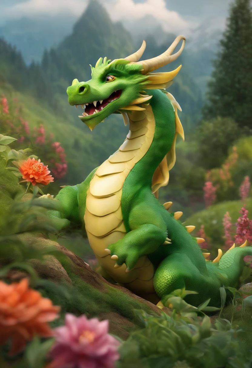 Dragon chinois，adorable，hirsute，dessin animé，Dans le pré，Il y a des fleurs，Écailles vertes，Corne de dragon。