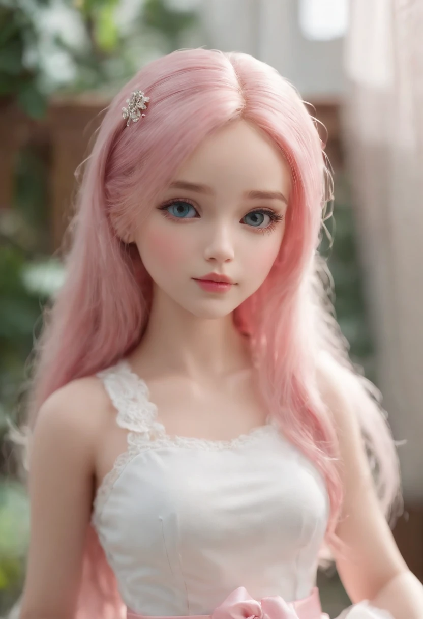 Um close de uma boneca com cabelo rosa e vestido branco - SeaArt AI