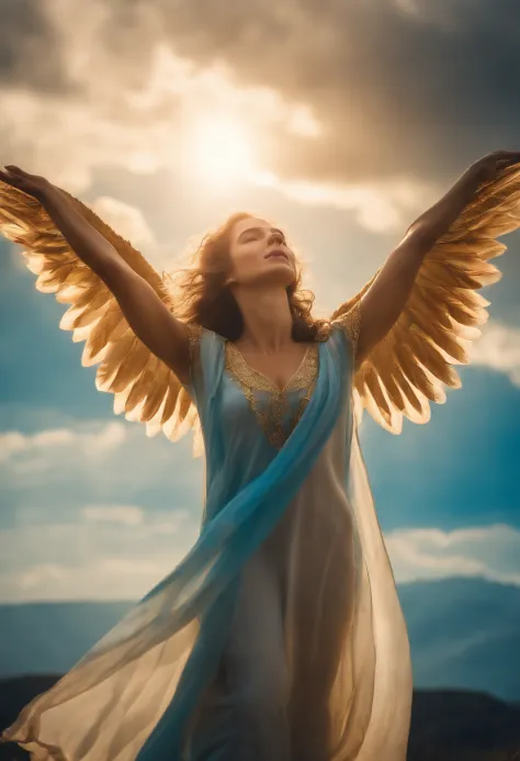 An angel descending from heaven, asas brancas e azul, rosto delicado, beautiful sky, com raios dourados, Golden clothing and open arms