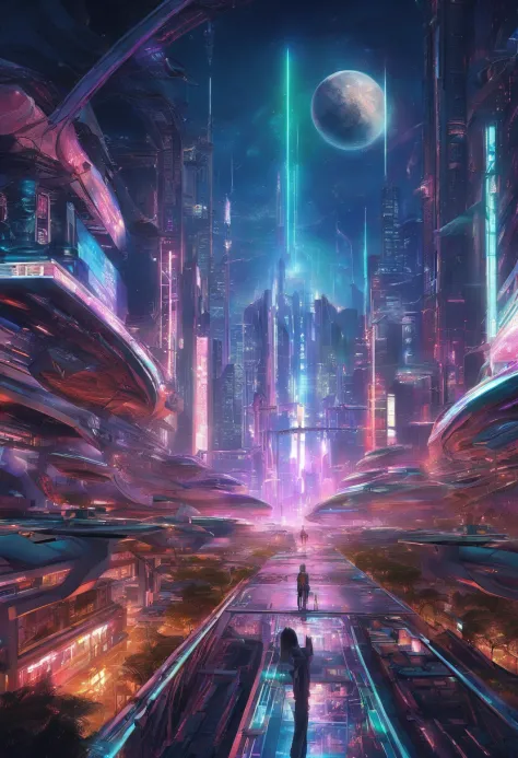 cyberpunked、futuristic cities、planet earth、Night view of cyberpunk lined with skyscrapers、neons、ＳＦart by、Utopian City、Megacities、dream、top-quality、​masterpiece、Beautiful cities of the future