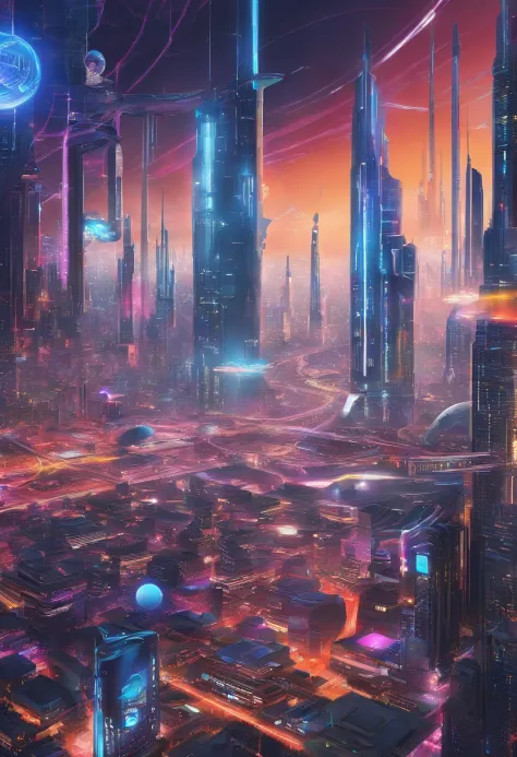 cyberpunked、futuristic cities、planet earth、Night view of cyberpunk lined with skyscrapers、neons、ＳＦart by、Utopian City、Megacities、dream、top-quality、​masterpiece、Beautiful cities of the future