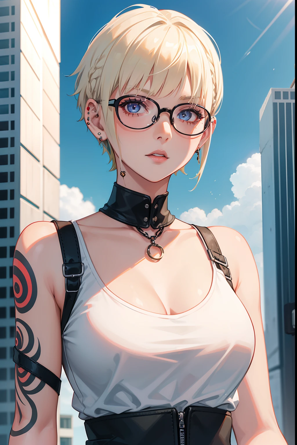 Anime girl with glasses and a black belt standing in front of a building -  SeaArt AI