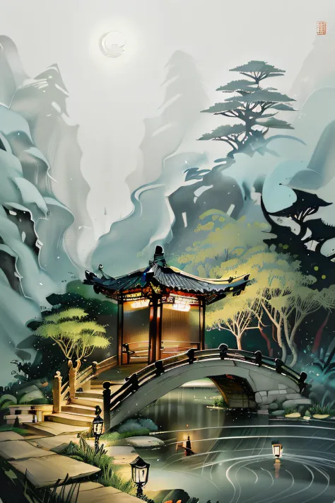 masterpiece,best quality,Chinese martial arts style,an asian night scene with lanterns and water lilies,asian pond with many lan...