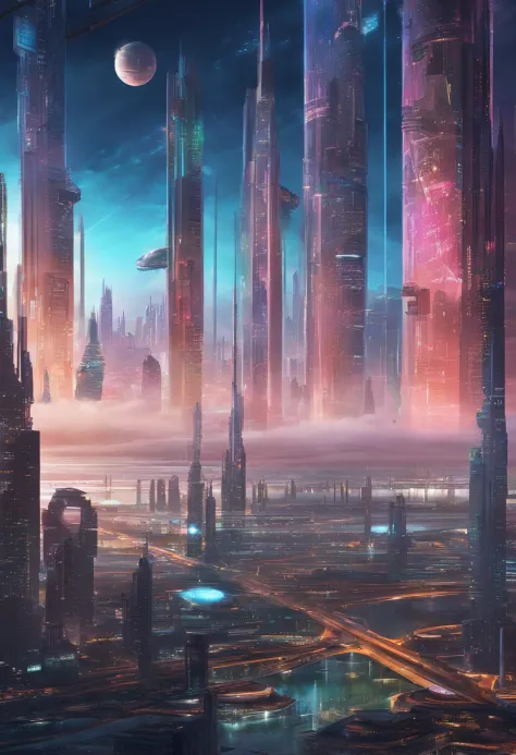 cyberpunked、futuristic cities、planet earth、A cyberpunk with skyscrapers that pierce through the clouds.ＳＦart by、Utopian City、Megacities、dream、top-quality、​masterpiece、Beautiful cities of the future