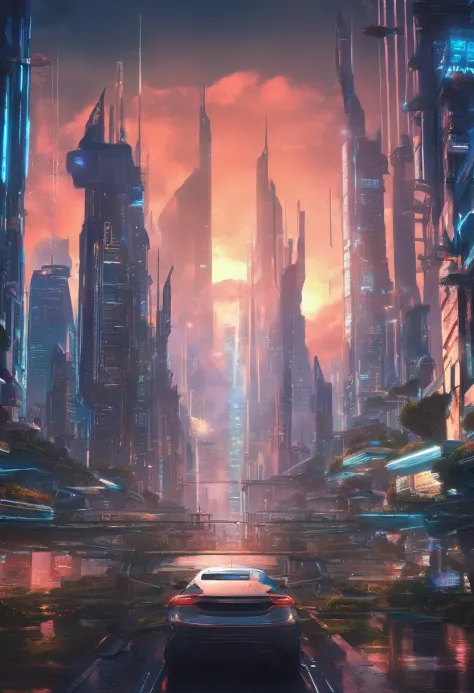 cyberpunked、futuristic cities、planet earth、A cyberpunk with skyscrapers that pierce through the clouds.ＳＦart by、Utopian City、Megacities、dream、top-quality、​masterpiece、Beautiful cities of the future