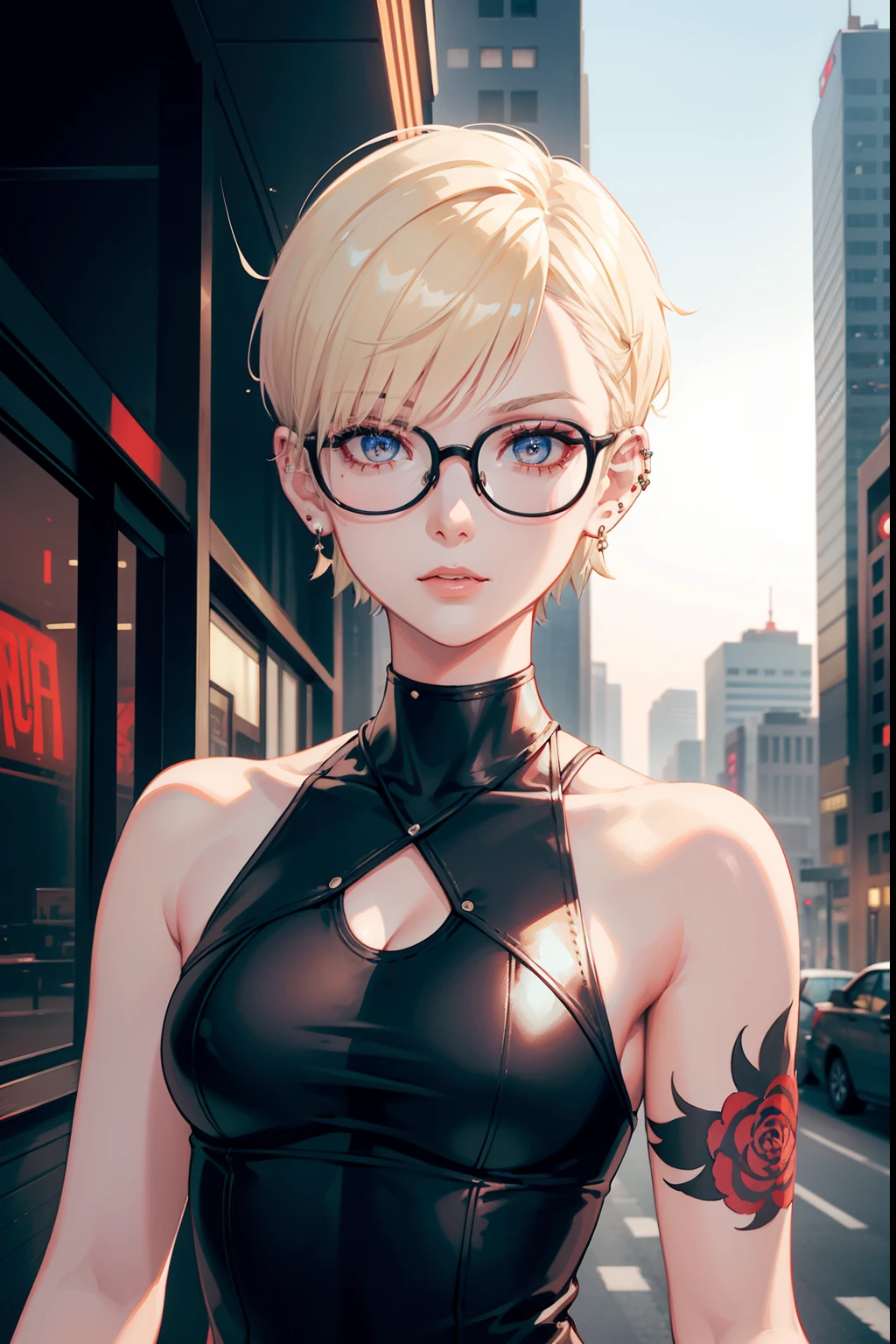 girl, riley nixon haircut, shaved hair, blonde hairstyles, very short hair, bald,, white tank shirt, red moon tattoo, right arm tattooed, wearing glasses, blonde hairstyles, riley nixon haircut, lipstick Black, piercings in the face, on a skyscraper, Looking at the viewer, Storm city, 4k