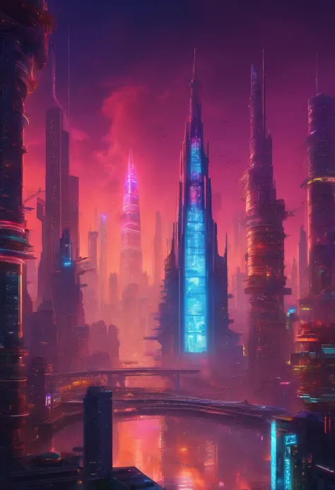 A futuristic city with tall conical towers reaching the clouds, floating buildings and highways suspended in the air