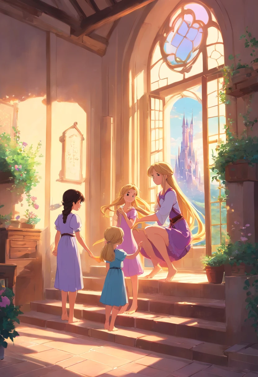 Rapunzel barefoot with her young daughters also barefoot in the tower -  SeaArt AI