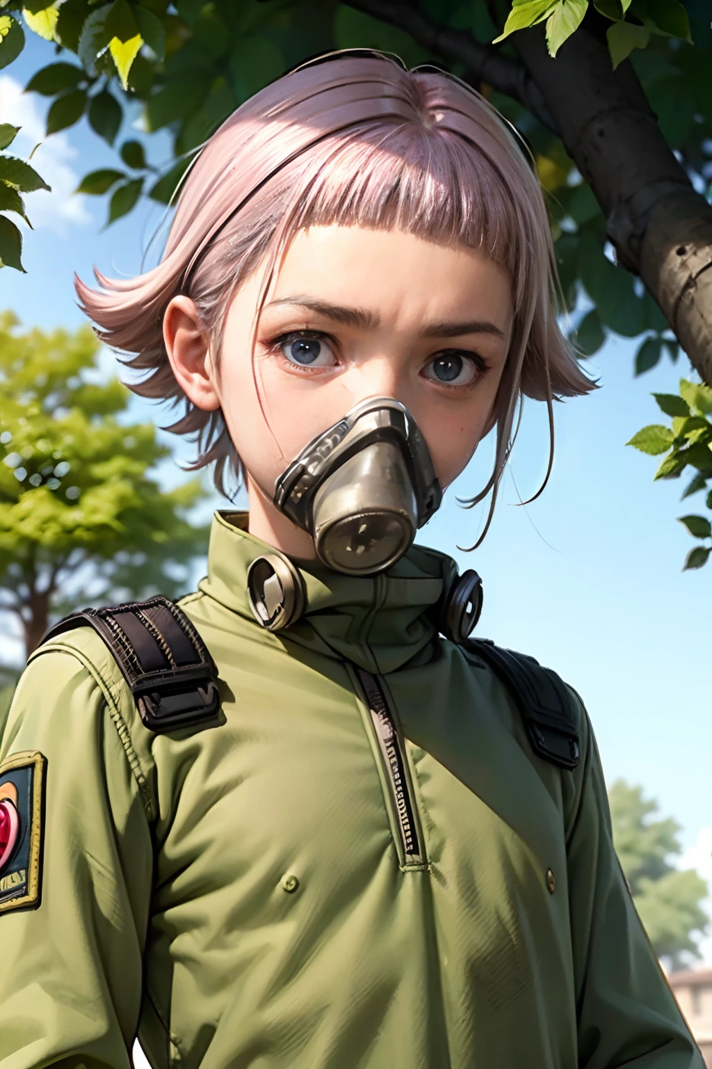 Que tengas ropas militar de Kampfsoldat y tengo una mascarilla de gas ( und seine Augen sind gut geformt, ebenso sein Gesicht und seine Hände ( mit Militärkleidung (Kampfsoldat)2.5D Anime realistisch sus (Lilafarbener Pelz) Crona, der einen Militärkampfanzug trägt und eine Gasmaske hat