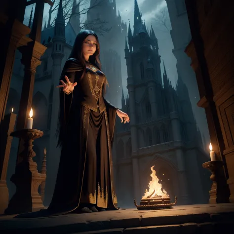 Vestida com um traje de bruxa segurando uma varinha brilhante, Female mage conjuring a spell, mago feminino de fantasia sombria,...