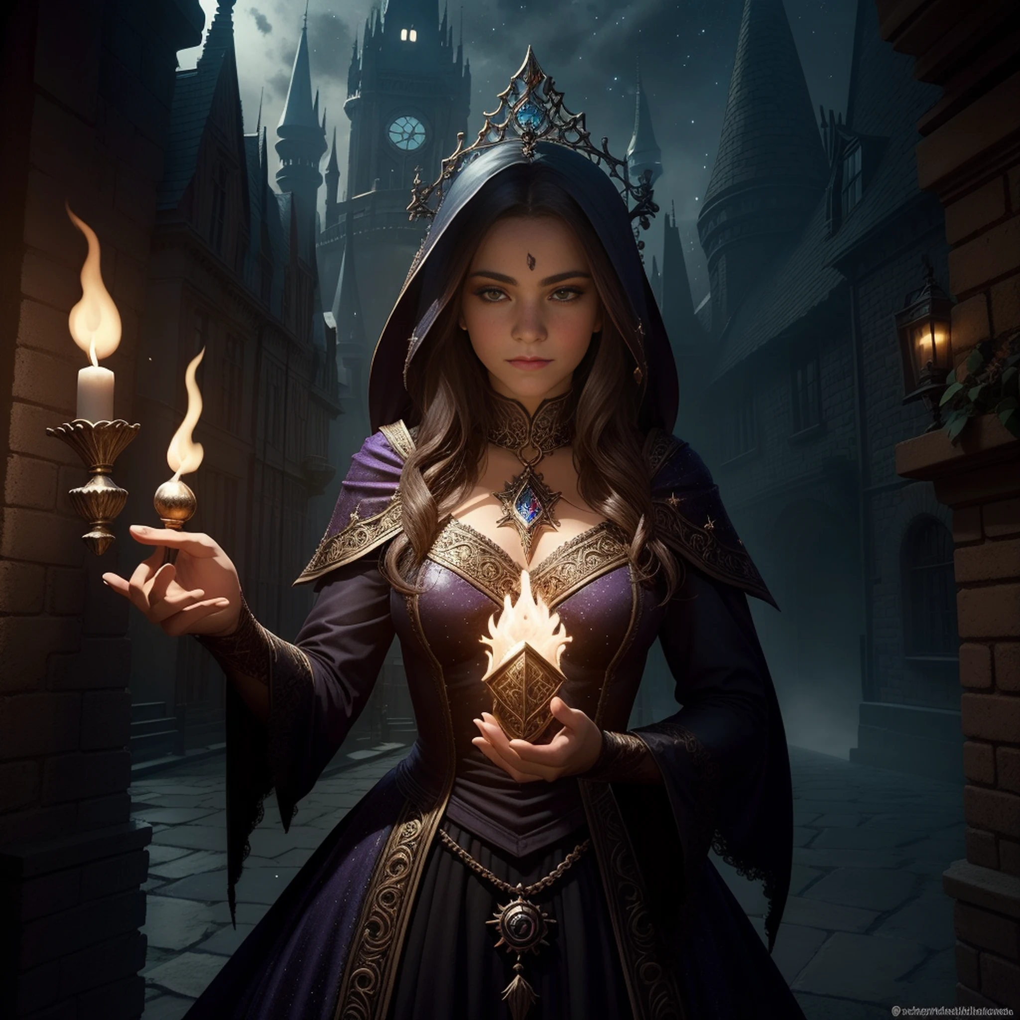 Vestida com um traje de bruxa segurando uma varinha brilhante, Female mage conjuring a spell, mago feminino de fantasia sombria, retrato de feiticeira feminina, Beautiful Female Sorceress, maga feminina,maga de fogo feminina, maga de fogo personagem, in a magical world it is very beautiful and magical, the whole magic world is magnificent, the magic castle is very grand and magnificent, a magic beautiful girl under the stars, (cenas de filmes, Obras, Realistic, ultra-high resolution) the castle is full of magic feeling, the magic world is full of magic items and magic crafts, magic potions and magic ornaments, Gorgeous buildings and shops full of magic, magical supplies and curiosities, the city will be lit up w