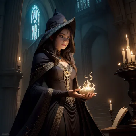 Vestida com um traje de bruxa segurando uma varinha brilhante, Female mage conjuring a spell, mago feminino de fantasia sombria,...