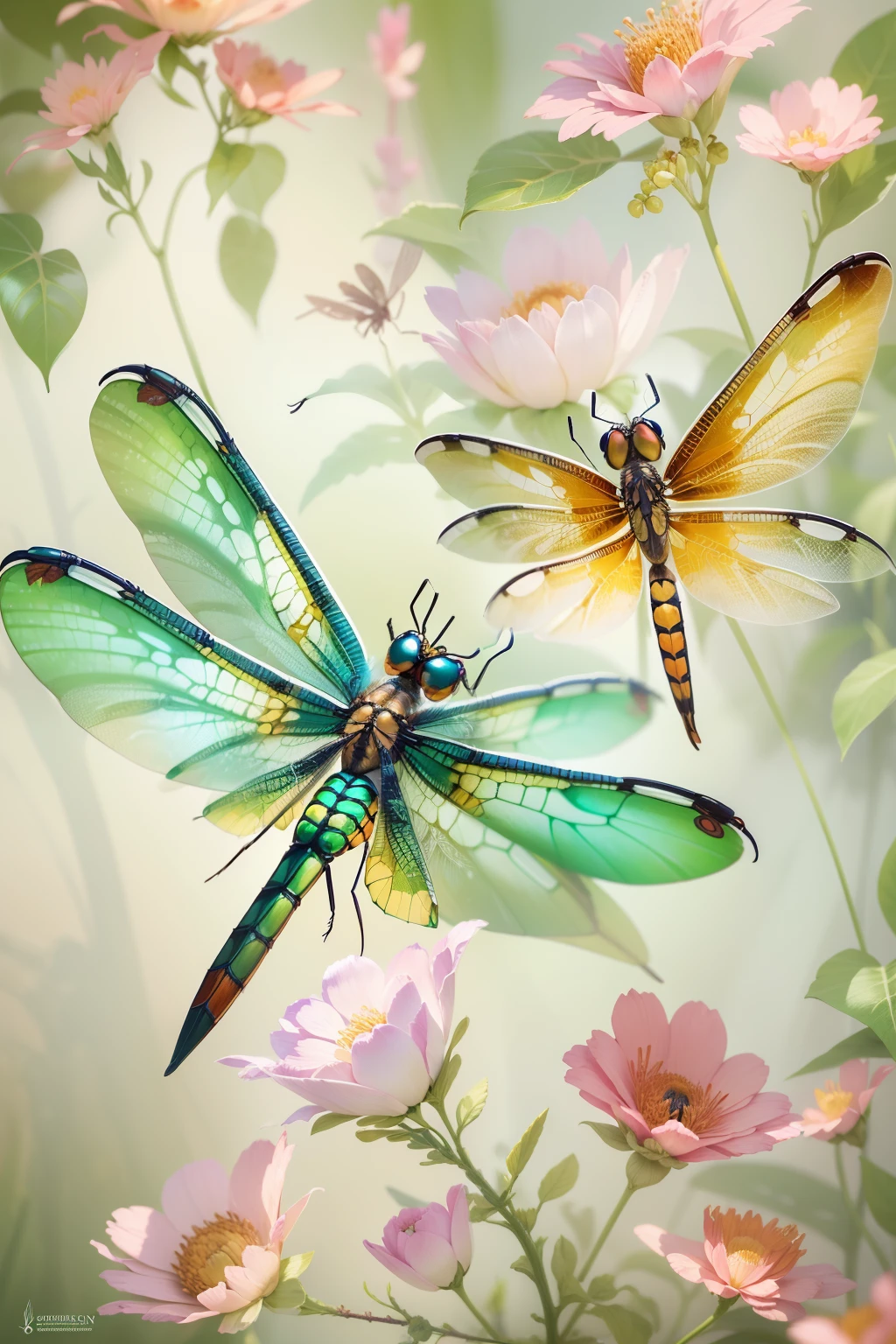 There are two dragonflies that are sitting on some flowers - SeaArt AI