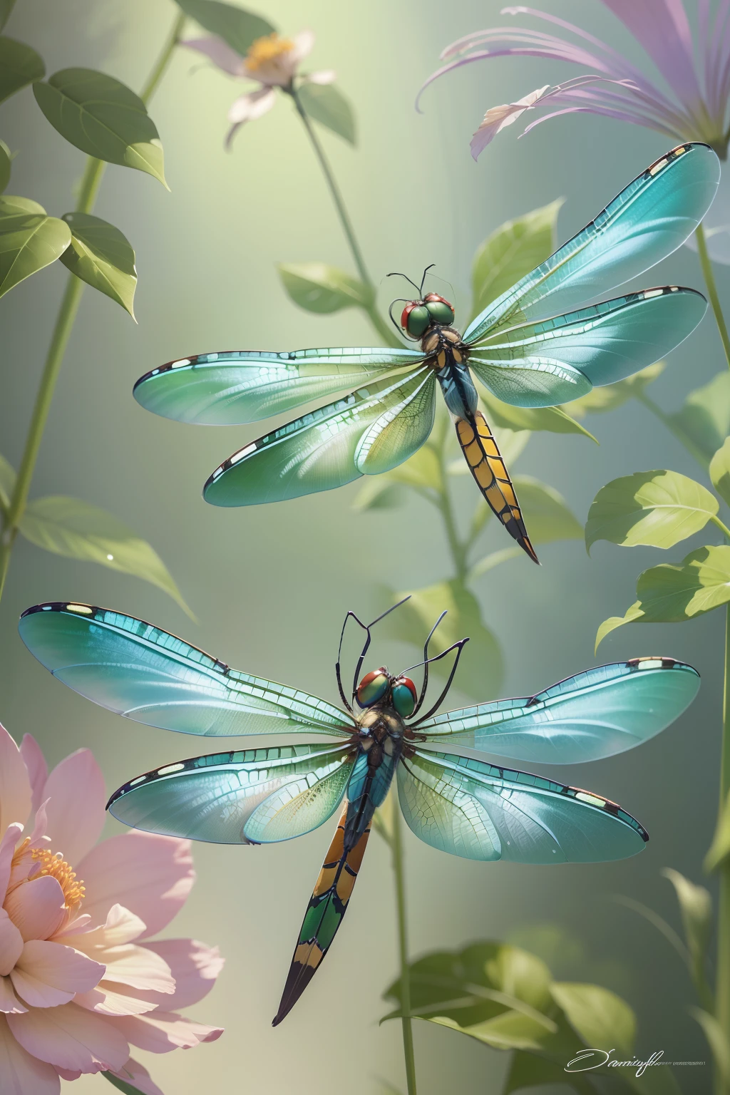 Three dragonflies are sitting on a flower with a green background ...