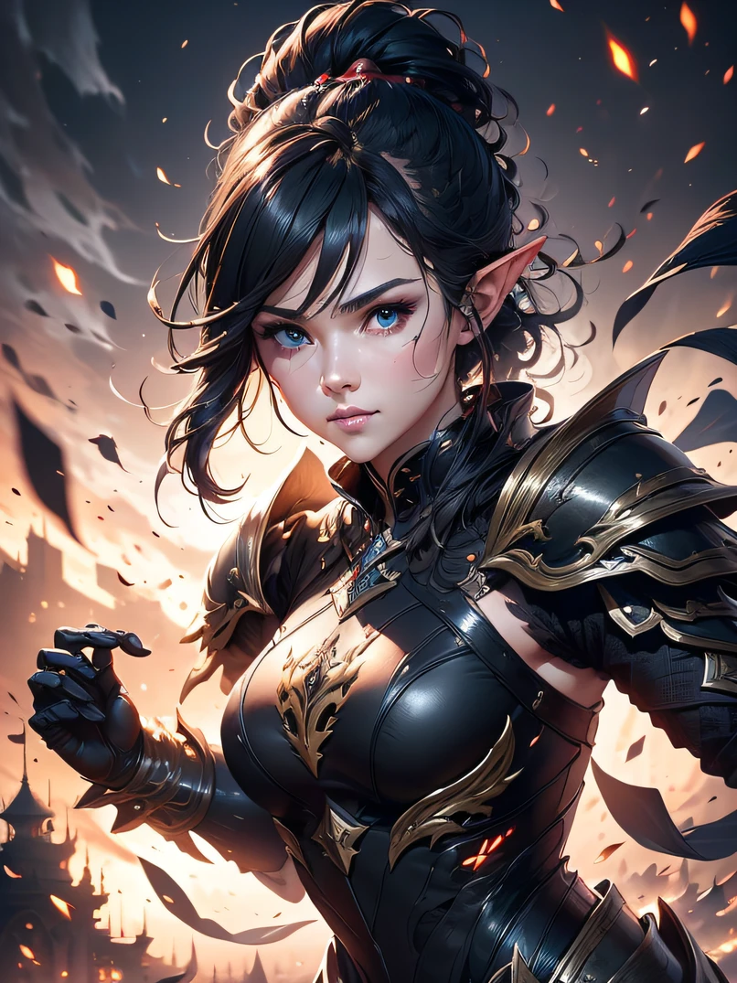 top-quality、Ultra-detailed、Cinematic lighting、Unique lighting effects、Lighting the face、4/5 shots、battle posture、dynamic motion、Full body portrait environment of beautiful 30 year old female elf with intricate details、Elegant person、Graceful aura、Elaborate patterns that blend fantasy and modernity、Black cloak of flowing fabric、Richly textured black leather armor and leggings、Black knight armor with delicate carving、Knight's helmet、Swinging a sword、Multiple enemy soldiers approaching from behind、Burning cityscape and medieval castle、Mystical atmosphere filled with magical elements、Dynamic lighting with vibrant colors、Detailed background depiction、Deep sense of depth、Depth and mood、Slender figure、A dark-haired、Hairstyle Ponytail、Seductive blue eyes、Sharp eyes、Look at viewers、hyperdetailed face、Detailed eyes、Detailed hand depiction、Detailed foot depiction、Focus from the waist up