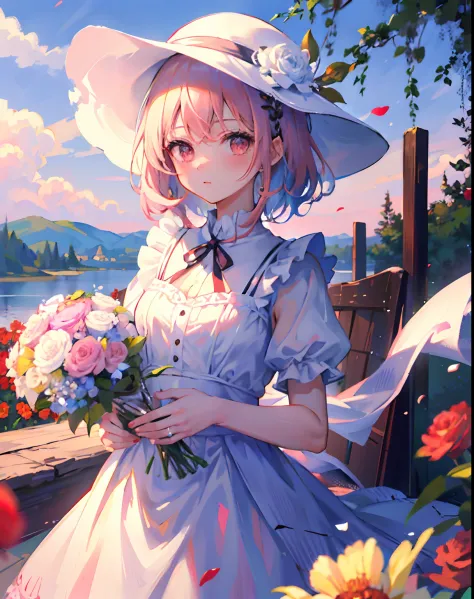 ((Masterpiece, Best quality)), 1girll, flower, Solo, dress, Holding, sky, Cloud, Hat, Outdoors, bangs, Bouquet, Rose, Expression...