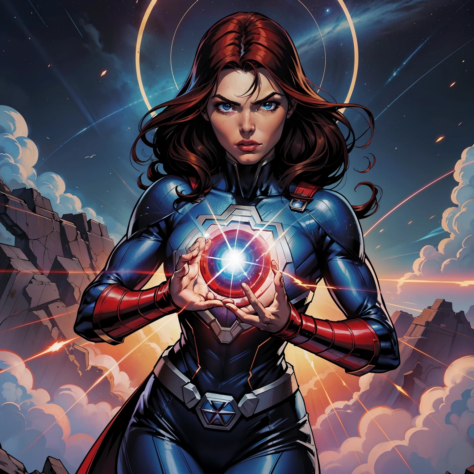 A Feiticeira Escarlate da Marvel, no céu
na postura de luta, aura vermelha de sangue,Círculo de poder nas mãos, particuls, Traço de quadrinhos da DC, Travessão da Marvel Comics