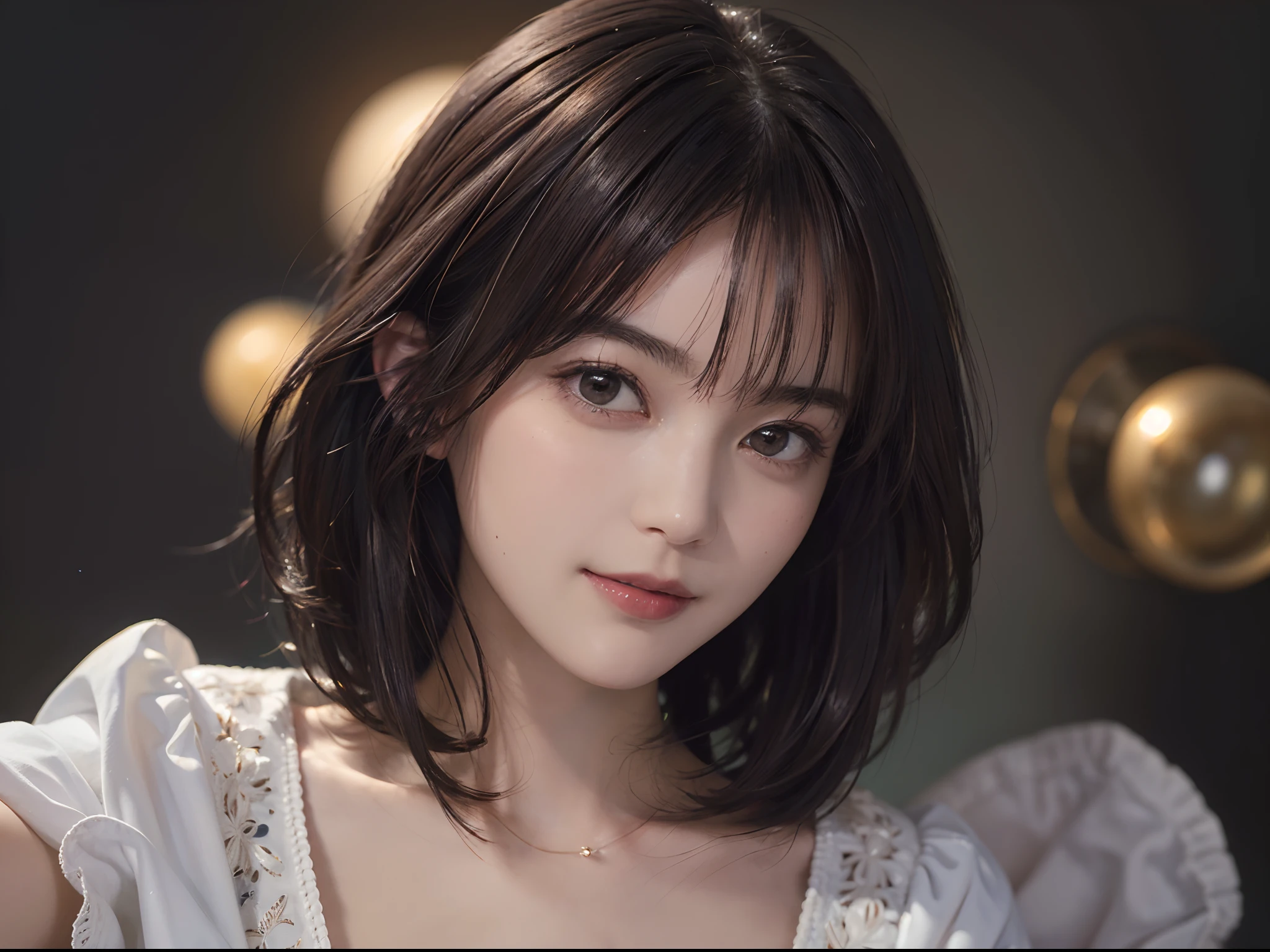 (Masterpiece:1.3), (8K picture quality), Photorealsitic, Raw photo,  (Best Quality: 1.4), (1womanl), Pretty Face, (Realistic face), (A dark-haired, Short hair:1.5), Beautiful hairstyle, ((Breast-breast)), Ultra-detailed resolution, the golden ratio, , depth of fields, 电影灯光, A slight smil, (soap bubbles:1.1), Oil painting, Rembrandt, Light and Darkness, ((Contrasty))