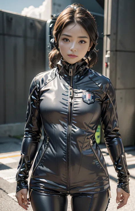 Highest image quality, outstanding details, ultra-high resolution, (realism: 1.4), ((close up:0.75)), highly condensed 1lady, with beautiful and a delicate face, perfect proportion, (chubby:0.3, small breasts), (wearing glossy racing suit likes police unif...