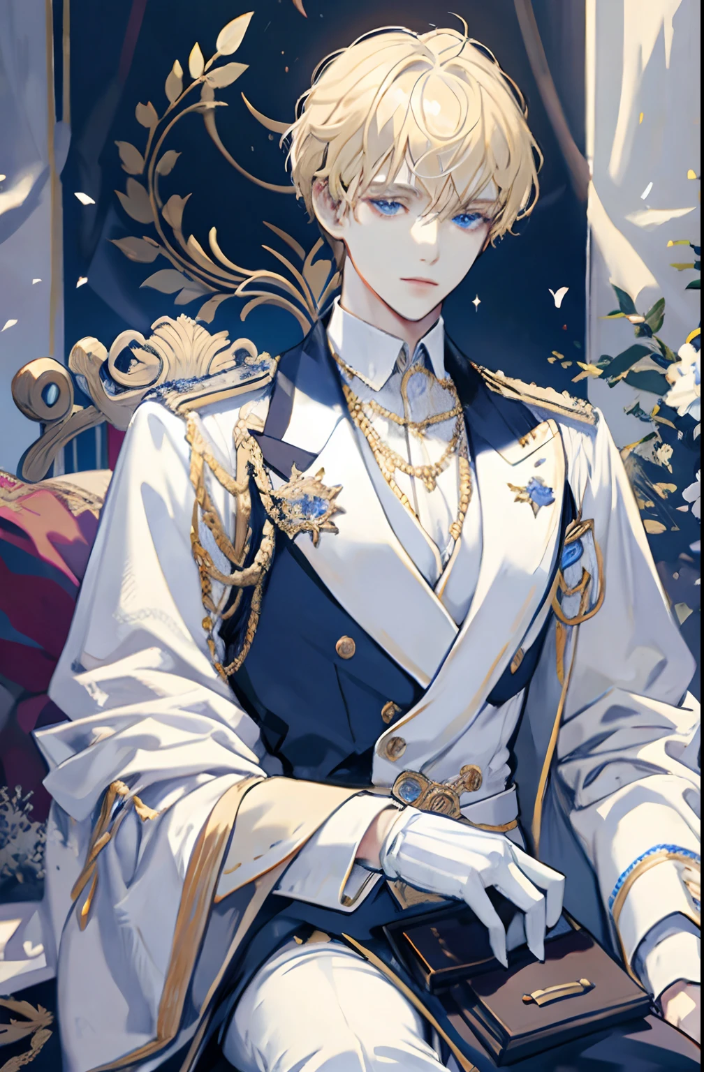 blonde hair, short hair, curly hair, blue eyes, handsome, royalty, nobility, nobleman, high quality, highly detailed, lights, flowers, delicate, white suit, sitting, prince, young man, male, 1boy, portraying delicate eyes, depicting delicate facial features, white uniform, white gloves, aristocratic, medallion, extreme detail, delicate depiction, elegant, royal clothing, depth of field effect, background is palace, dramatic composition, dynamic pose, look at the camera, fine details on clothing, refined features, elegant sitting posture, masterpiece, bad boy