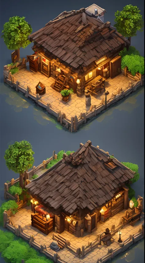 Small building close-up， Multi-dimensional comfortable building, Stylized game art, 3 d render stylized, Medieval Tavern, Stylized concept art, polycount contest winner, stylized 3d render, dimly-lit cozy tavern, isometric 2 d game art, isometric game art,...