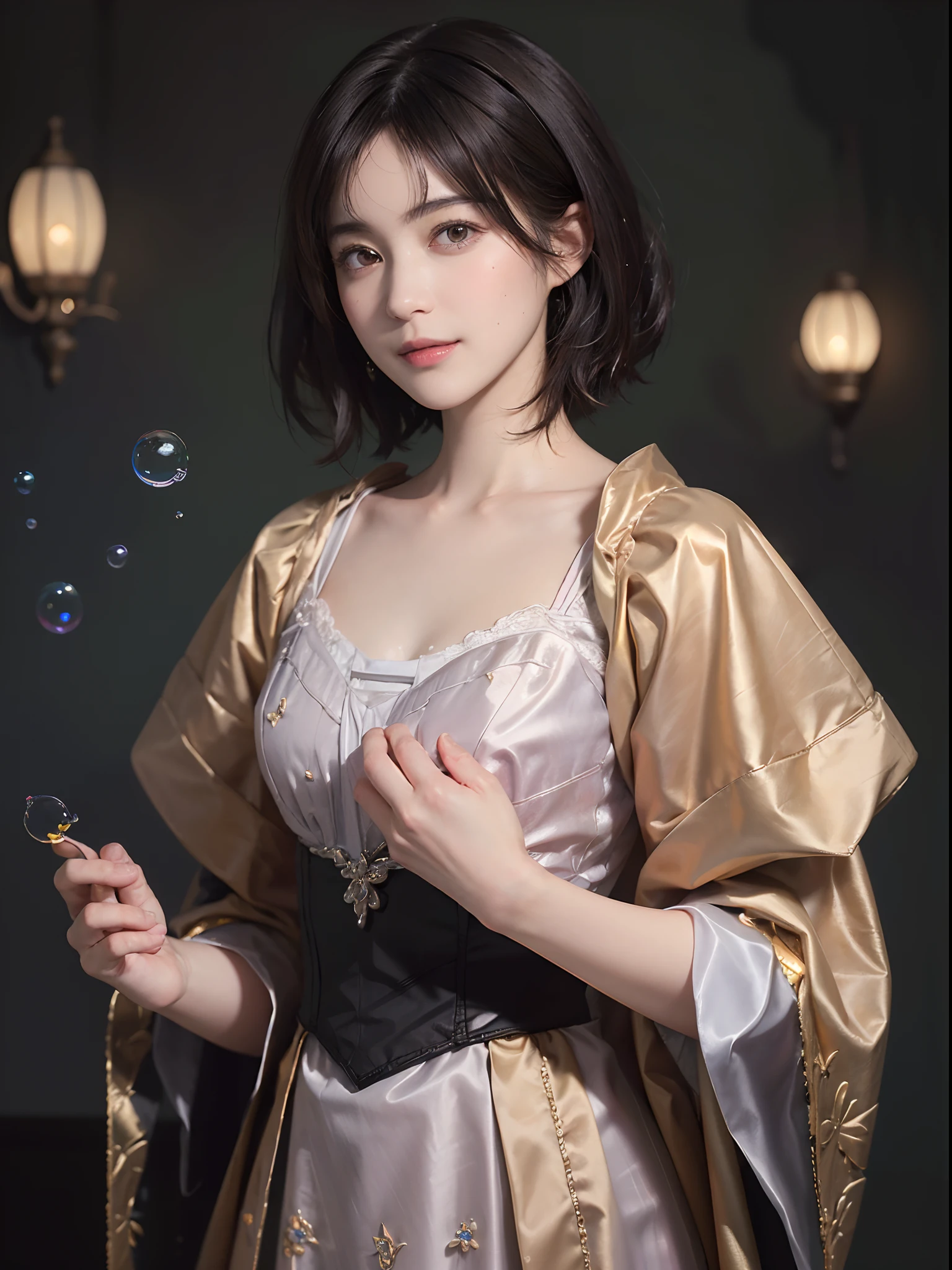 (masutepiece:1.3), (8K picture quality), Photorealsitic, Raw photo,  (Best Quality: 1.4), (1womanl), Pretty Face, (Realistic face), (A darK-haired, Short hair:1.5), Beautiful hairstyle, ((Chest chest)), Ultra-high definition resolution, the golden ratio, , depth of fields, Movie Lighting, A slight smil, (Soap bubbles:1.1), Oil Painting, rembrandt, Light and Darkness, ((Contrasty)), with floral pattern