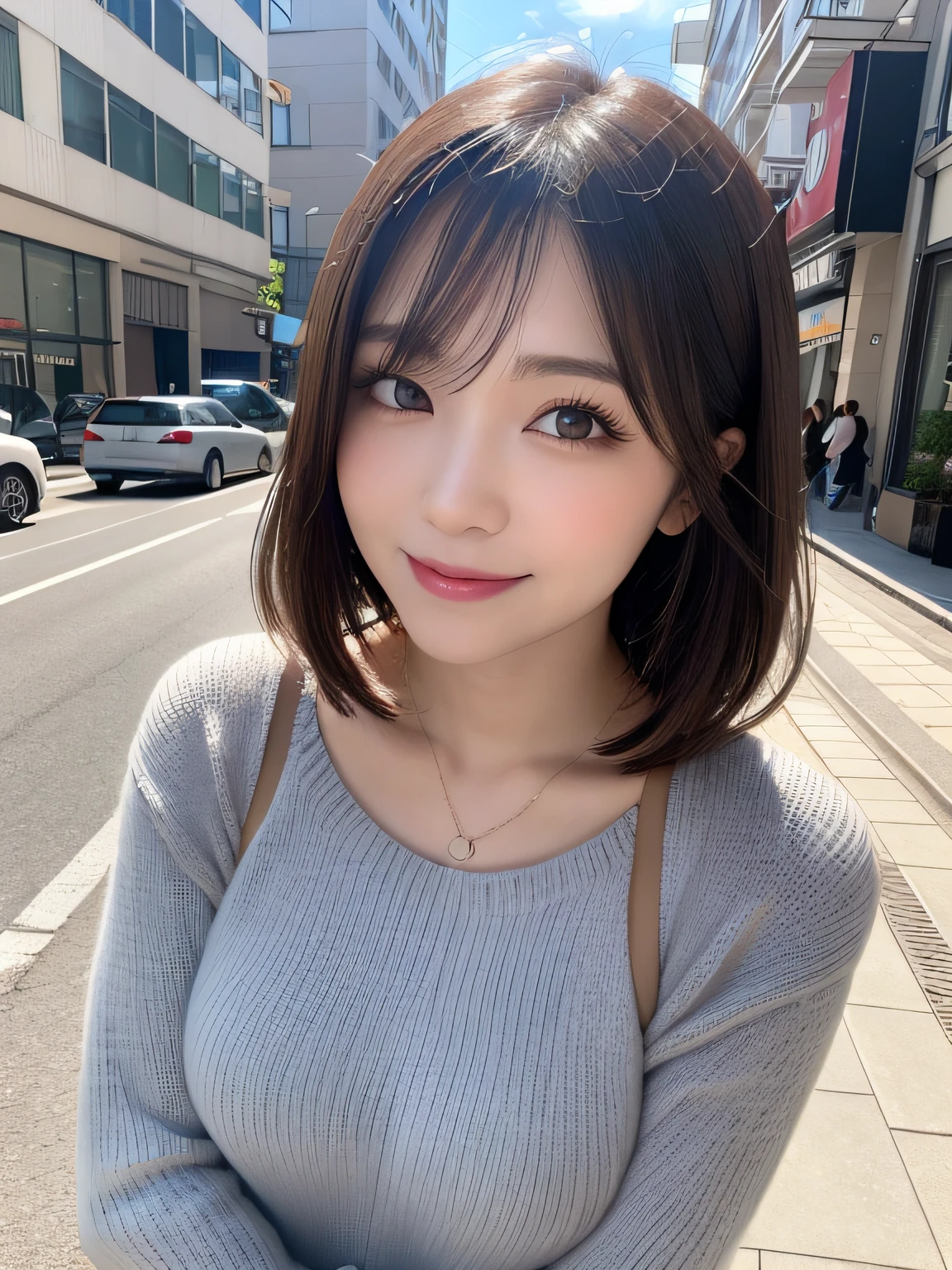 masutepiece, Best quality, Photorealsitic, finedetail, A high resolution, 8K wallpapers, Perfect dynamic composition, Beautiful detailed eyes, Medium hair, Large full breasts, Random and sexy pose,Random cases、Skinny gray knitwear、、A smile、view over city、25 age old、(Sagging eyes 1.3)、Adult beauty、natural make up、jpn