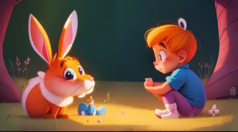 cartoon image, bright colors, 4 year old Tommy talks to a worried rabbit named Robbie.