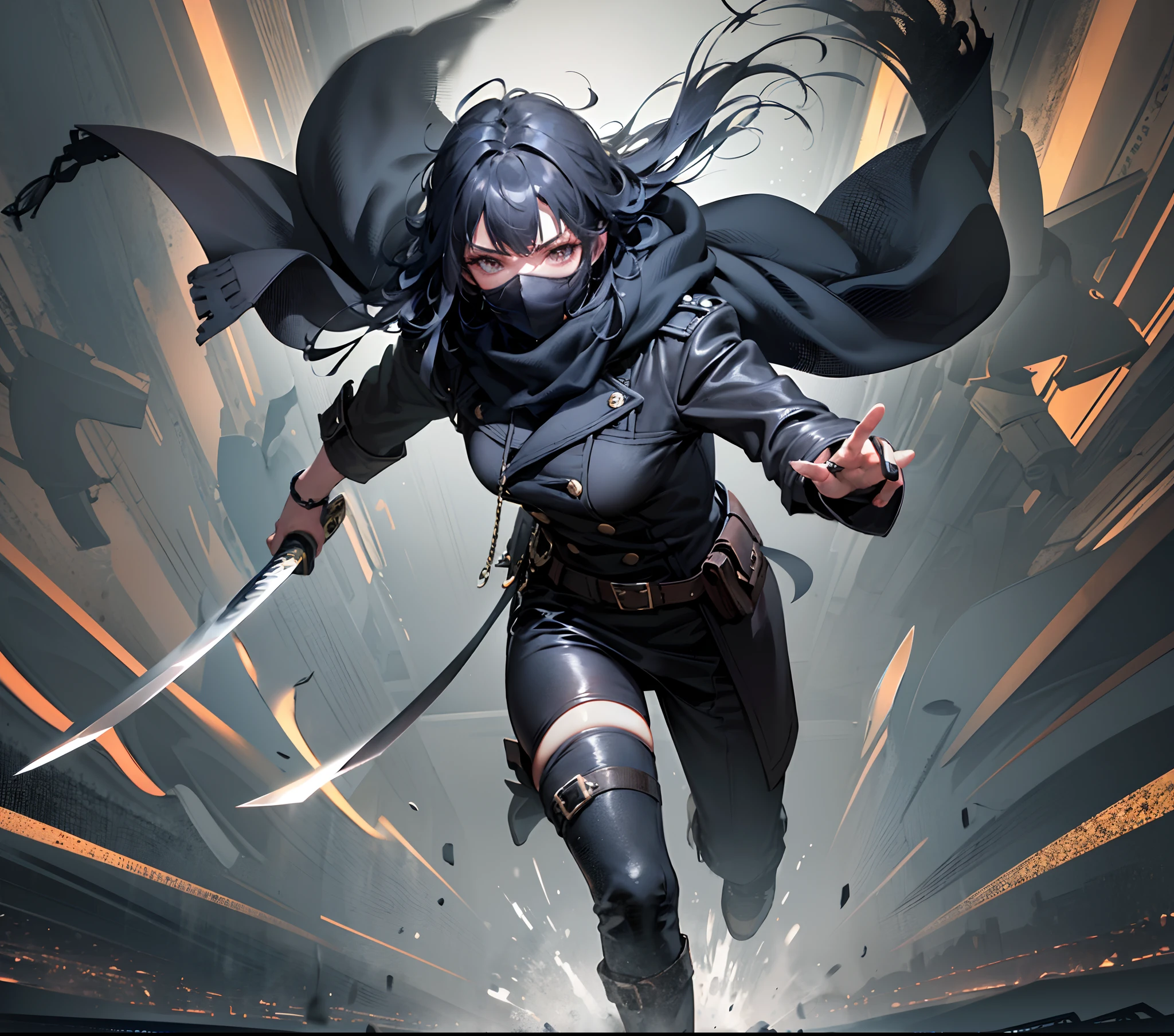 male character,man Black mask covering mouth, (long, wavy hair),(black hair),(((black mask))),(heavy black scarf),(gas condition),(((black overcoat))) ,(night moonlight),(tanned skin tone),(holding a katana),(8k pretty face),(floor),(spectators),(bright environment),(fighting move),((speed)) , hand-drawn anime style, dynamic, full length, animation quality, ANIME icon, looking at face camera, 8k, full length, best background, masterpiece, awesome titles, ultra hd |, insane title , perfect hands --auto --s2