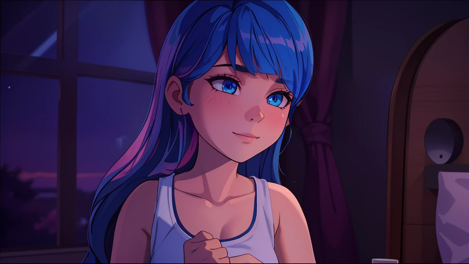 (8k, RAW photo, best quality, masterpiece:1.2), (intricate details), perfect eyes, perfect face, perfect lighting, beautiful, (masterpiece:1.2), (best quality:1.2), 1girl, solo, marinette, blue hair, ((long hair down)), adult torso, , slight smile, medium sized breasts, (white sleeveless shirt, pink sweatpants), cowboy shot, 3DMM