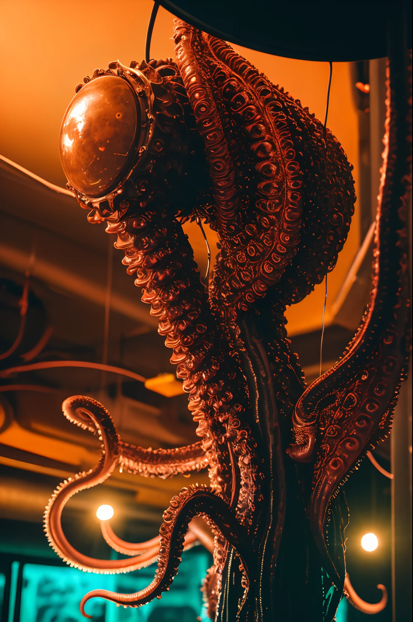 There is a octopus hanging from a ceiling in a restaurant - SeaArt AI