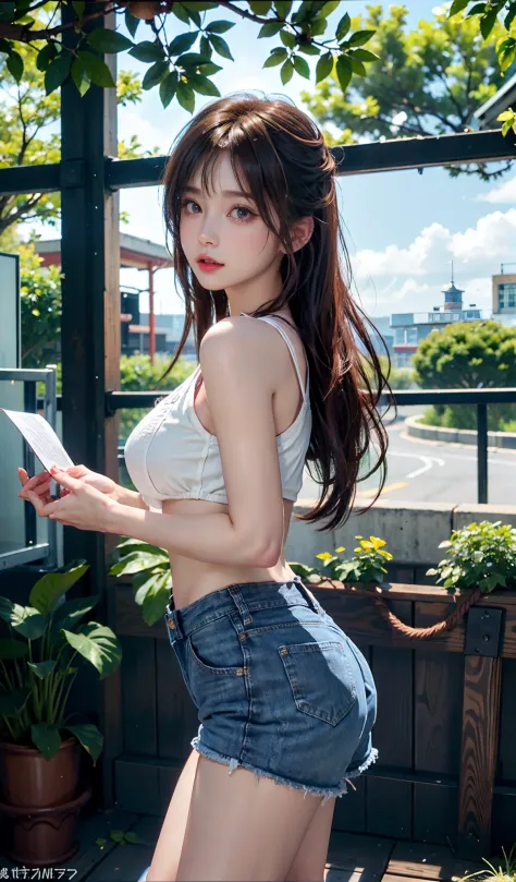 (((Shoot from a low angle below)))、(((White denim、White denim shorts、Pink silk fabric、Denim wrinkled and lifted、The display tray is lifted.、Lift your shorts yourself、White sport shorts)))、(((Panties can be seen through the gaps in the shorts)))、(((long leg...
