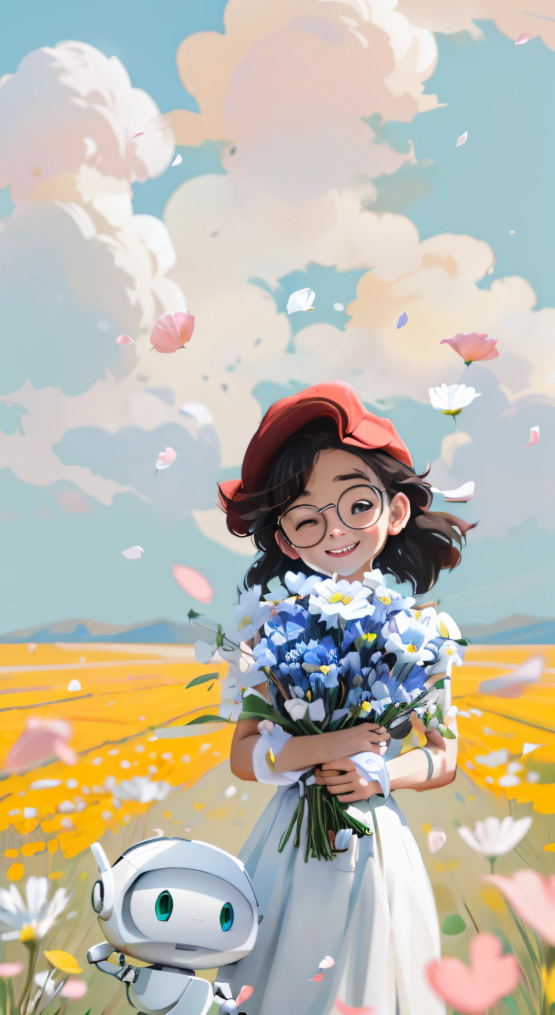 long hair girl，（No hats），（Girls don't have hats），white dresses，Girl in white dress without hat holding a bouquet of flowers，（There is a small white robot nearby），（white robot），digitial painting, Holding flowers, holding magic flowers, grassy fields，blue-sky，Fluttering petals，realisticlying，Ultra photo realsisim，by Atey Ghailan, Inspired by Atey ghailan, Detailed digital art, , number art, atey ghailan 8 k, Happy girl, 🌺 CGSesociety
