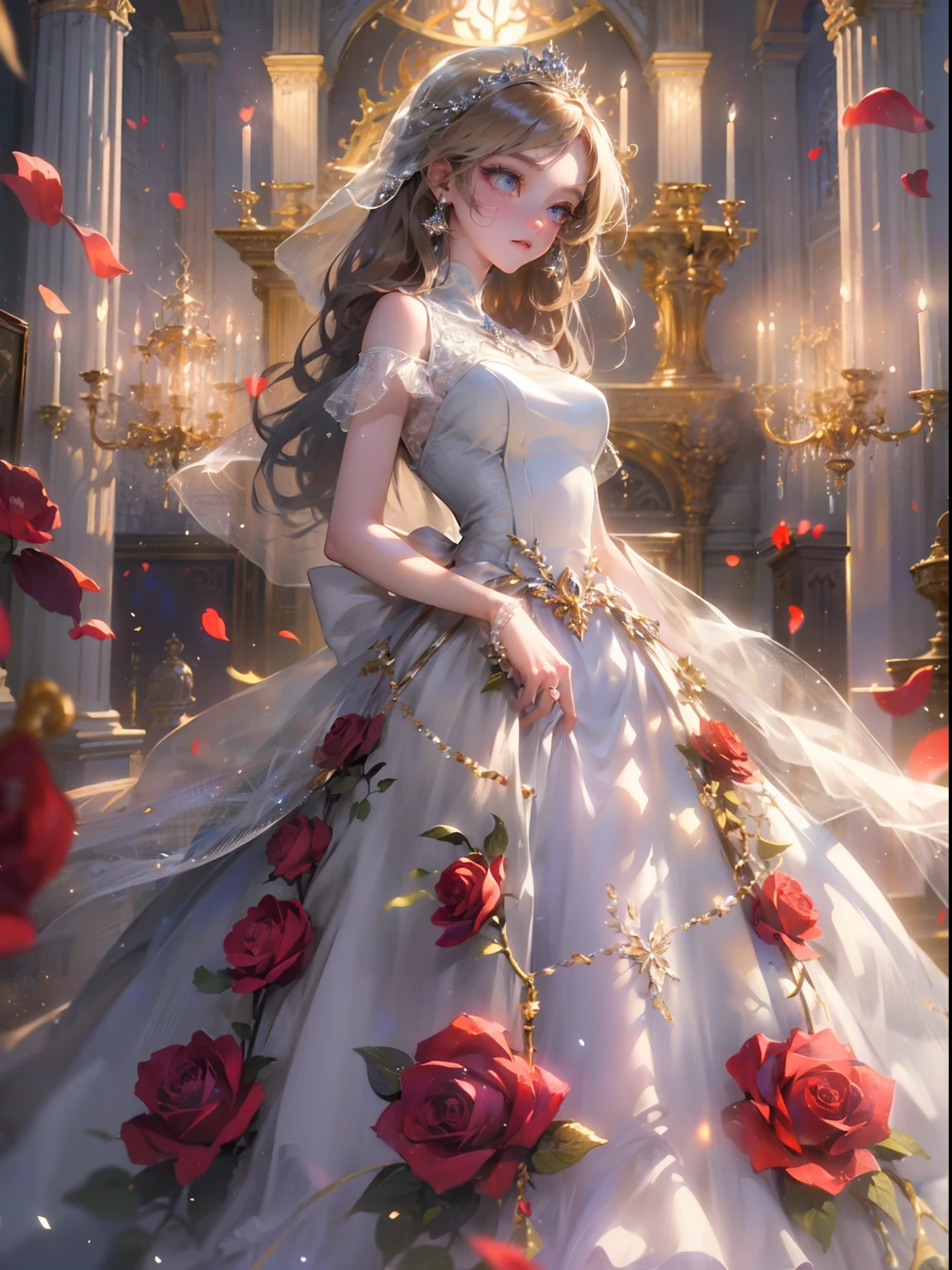 (((Masterpiece))), (((Best quality))), ((Ultra-detailed)),(Highly detailed CG illustration), ((An extremely delicate and beautiful)),Cinematic light, Create stunning fantasy artwork，A princess、blueneyes（Eyes detailed），long hair with maroon，baroque，Wedding dresses，rose petals，full bodyesbian，standing on your feet，cinematic rim light，The light is delicate，tmasterpiece，ultra - detailed，Epic composition，Super HD，high qulity，HighestQuali，32k