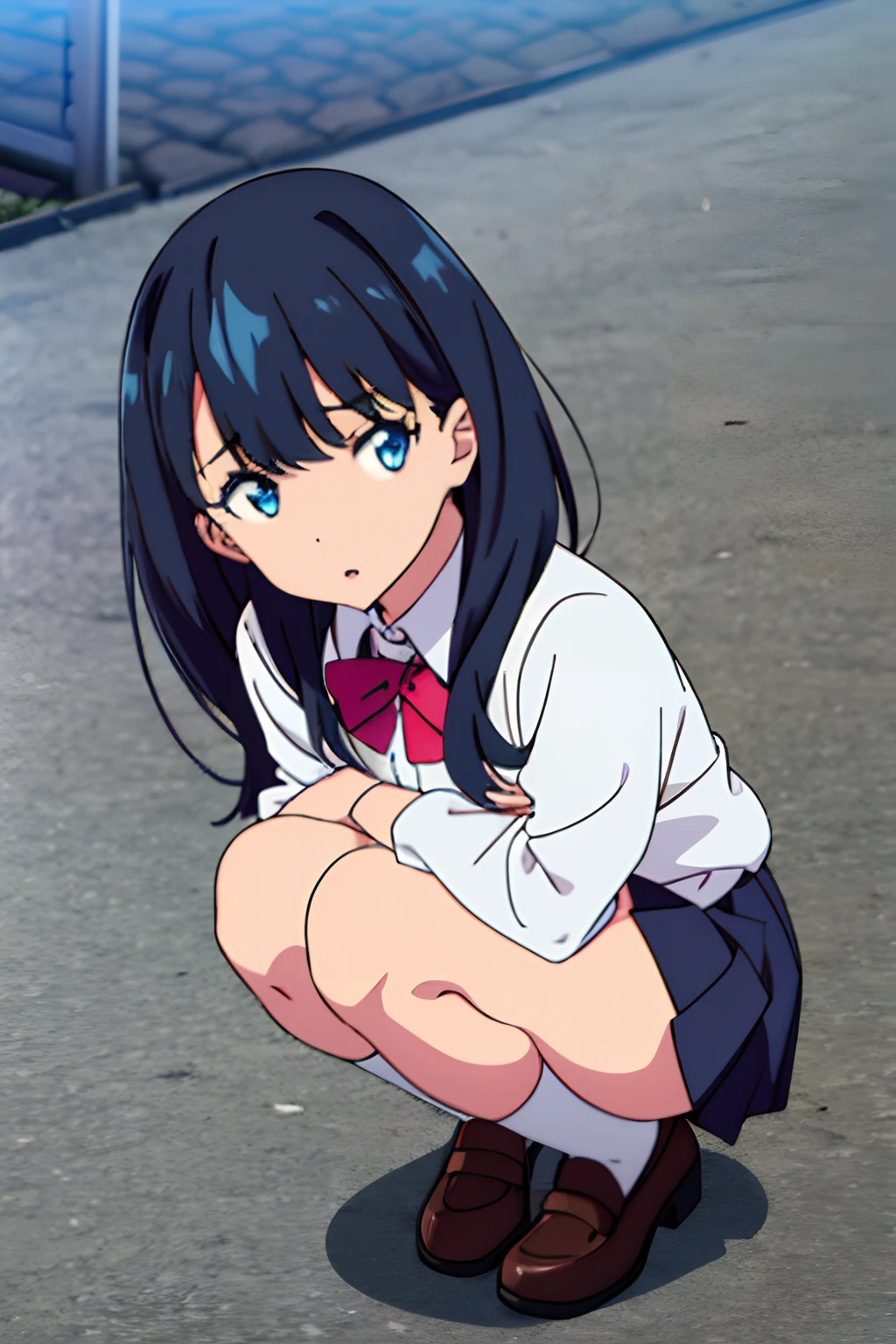 Anime girl kneeling down with her legs crossed and her eyes closed - SeaArt  AI