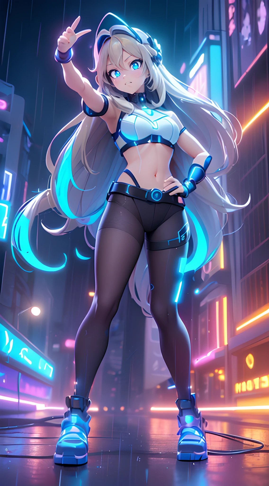 (Dynamic Angle:1.4), ((Full body posing:1.5), (Colorful:1.2), (Highly detailed CG Unity 16K wallpaper:1.1), (Denoising strength: 1.45), (tmasterpiece:1.37), ((Official art)), of the highest quality, (Realistic), Green Cyber Girl, 2 head body,Deformed Character,cute expression, (Super long hair:1.6),voluminous hair,Hair in motion,Golden hair,Glowing eyes,(blue eyess:1.2), wires, (LED:1.3), (a hologram:1.2), ((Makeover Pose:1.5)),((dynamicposes:1.5)),futuristic city street, Neon light, Skyscrapers, (Night:1.2), (Rain:1.2), (Rainbow Model:1.2), 8K resolution, (Anime style:1.3), Cinematic lighting, chromatic abberation, spark of light, Ray tracing, blending, ultra wide-angle, Hasselblad, (masutepiece), (masutepiece), ((Best Quality)), ((masutepiece)), nffsw