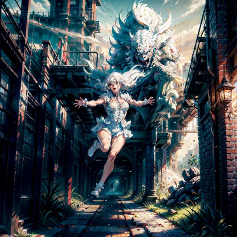 a white-haired woman, masterpiece, high quality, falling into monster, (highest image quality 8k)