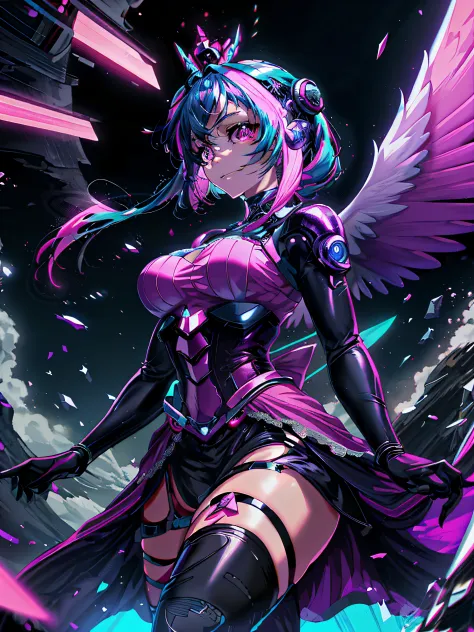 Anime girl with wings and purple dress in space environment, beautiful cyborg angel girl, anime cyberpunk art, Digital cyberpunk...