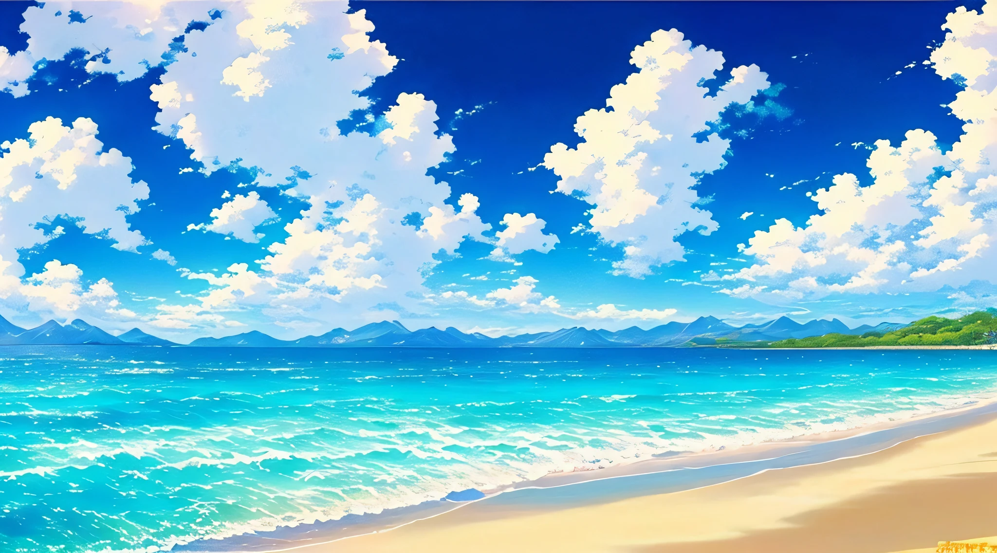 有一幅海滩画，壁纸动漫蓝色水，美丽的动漫风景，美麗的浮雲。动漫大胸