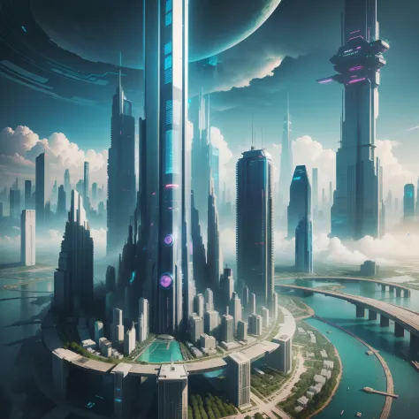 cyberpunked、futuristic cities、planet earth、A cyberpunk with skyscrapers that pierce through the clouds.ＳＦart by、Utopian City、There is a super huge waterfall、Megacities、dream、top-quality、​masterpiece、Beautiful cities of the future